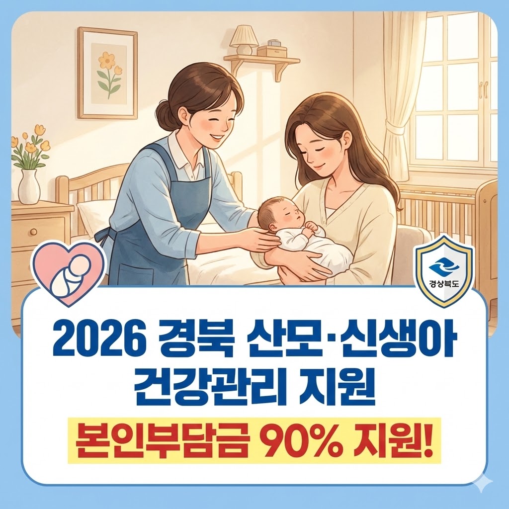 2026년 경상북도 산모 신생아 건강관리 서비스 본인부담금 90% 지원 신청 방법 및 대상자 안내 이미지. 경북도내 보건소 연락처 및 결정통지서 수령 안내 포함