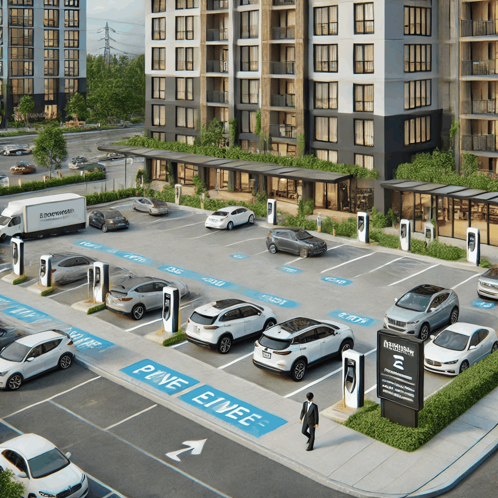 현대적인 아파트 단지 내 깔끔하게 정리된 주차장과 전기차 충전소, 관리사무소가 조화를 이루는 모습