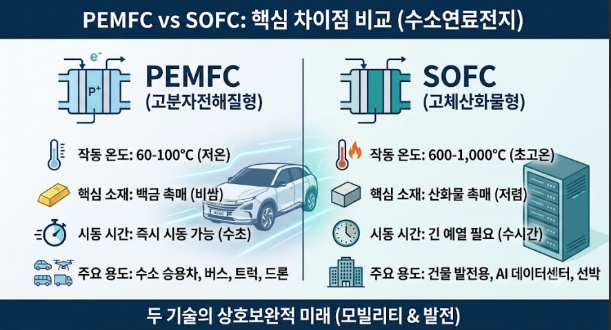 수소차 배터리와 발전용 연료전지 비교