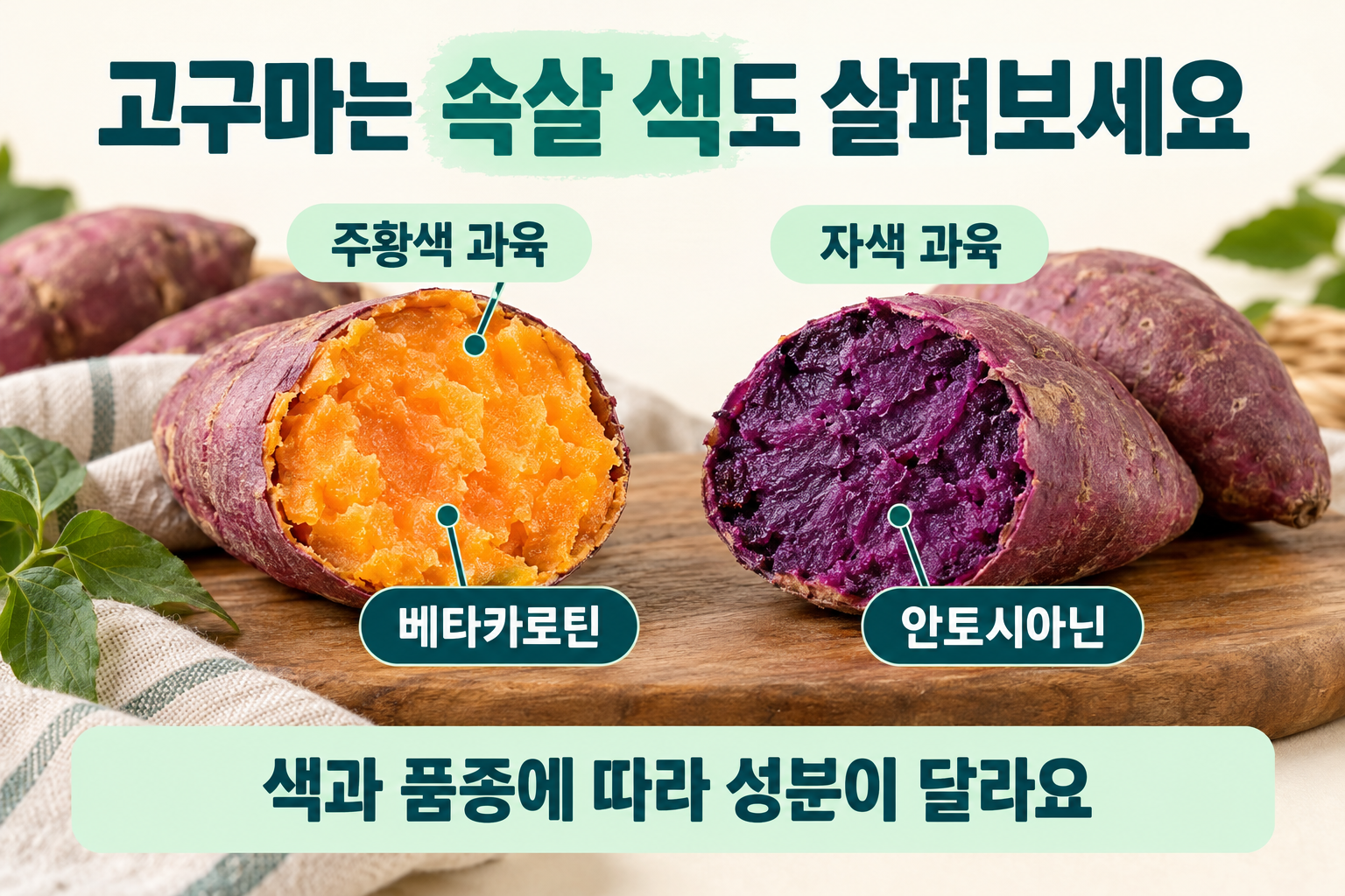 주황색 과육과 자색 과육 고구마의 절단면을 나란히 비교. 주황색 과육은 베타카로틴, 자색 과육은 안토시아닌으로 구분합니다.