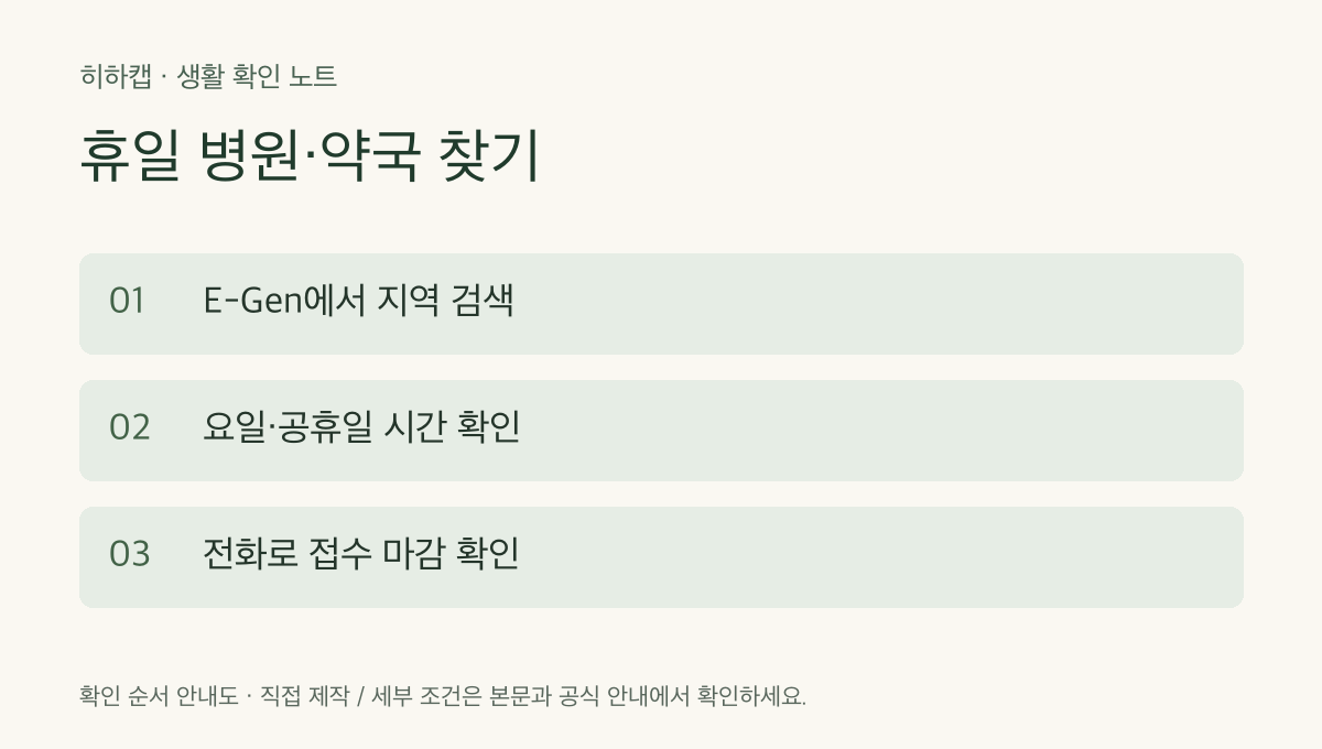 휴일 병원·약국 확인 순서: 지역 검색, 운영시간 확인, 전화로 접수 마감 확인