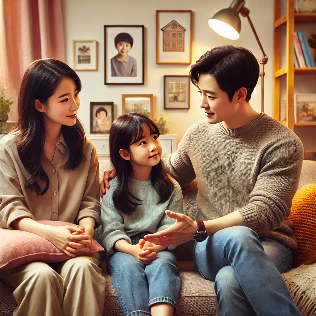 거실 소파에서 딸과 친구 관계에 대해 이야기하는 부모, 친구와의 경험을 이야기하는 딸과 이를 경청하며 미소 짓는 어머니, 조언을 건네는 아버지, 부드러운 조명과 가족 사진이 어우러진 아늑한 공간.