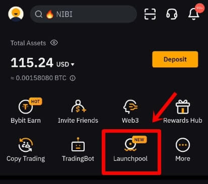 바이비트 어플에서 런치풀 아이콘의 위치를 가리키고 있다.