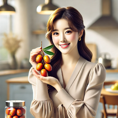 한 여성 모델이 대추를 들고 있다. 웃고있다. 부엌 배경이다.