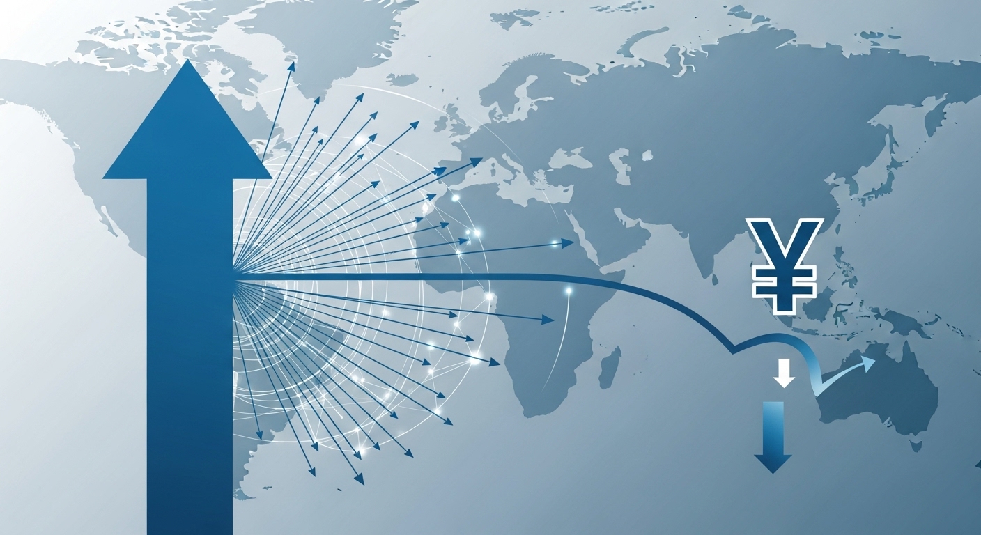 미국 금리 인상으로 인한 일본 엔화 약세 및 글로벌 자금 흐름 변화를 나타내는 시각화 이미지.