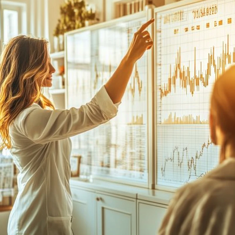 재무 상담사가 고객에게 대규모 시장 동향 차트 속의 리스크 관리 전략을 설명합니다. 신뢰할 수 있는 재정 관리와 시장 통찰력이 주목됩니다.