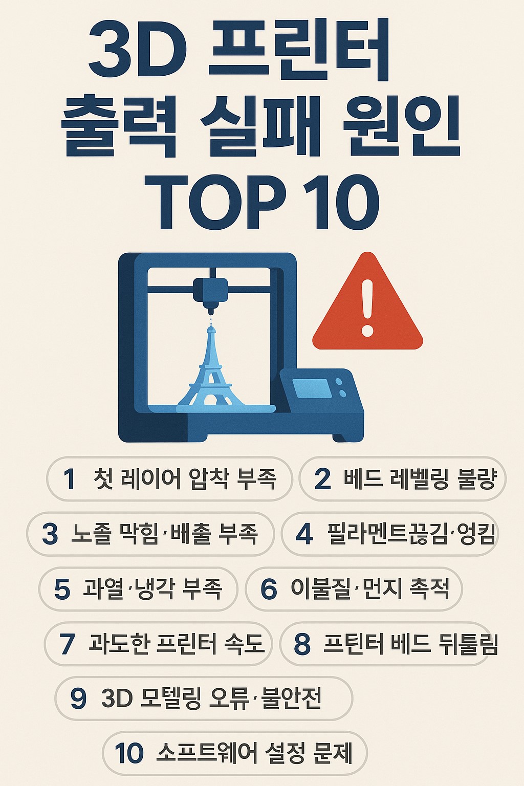 3D 프린터 출력 실패 원인 TOP 10 인포그래픽