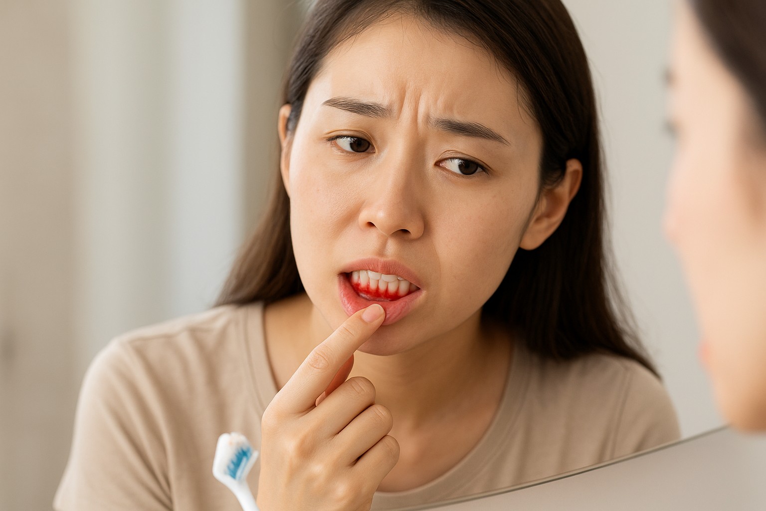 거울을 보며 잇몸의 불편함을 느끼고 있는 여성의 모습입니다.