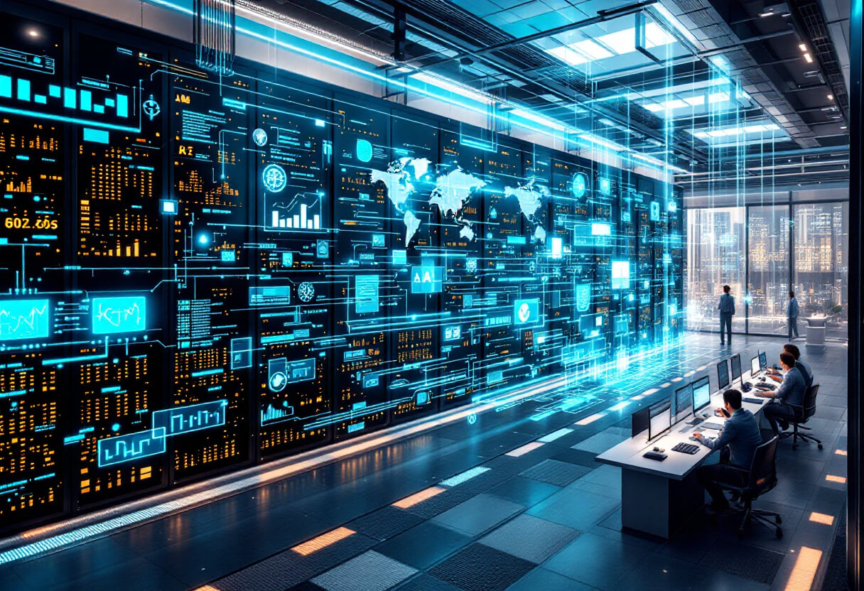 초대형 서버와 데이터 네트워크가 연결된 최첨단 컴퓨팅센터의 내부. 벽면에는 글로벌 데이터 흐름과 분석 정보가 시각화된 디지털 화면이 가득하며, 연구자들이 고성능 컴퓨팅 환경에서 작업을 진행 중입니다