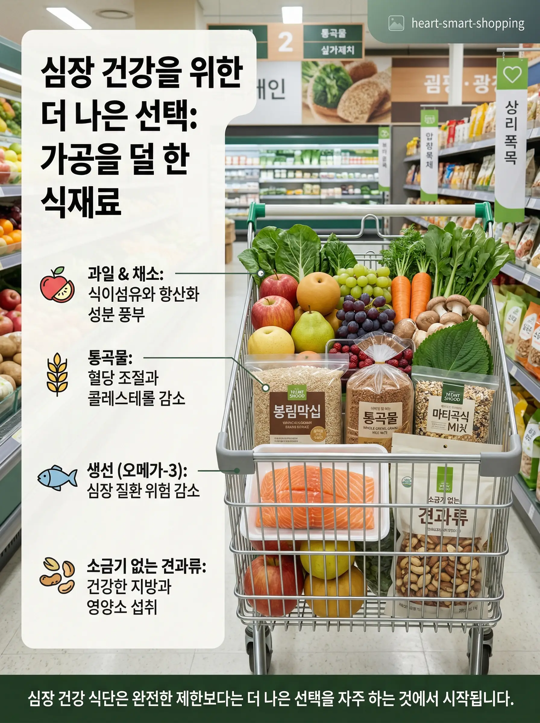 덜 가공된 식품과 균형 잡힌 재료를 담은 장바구니 이미지