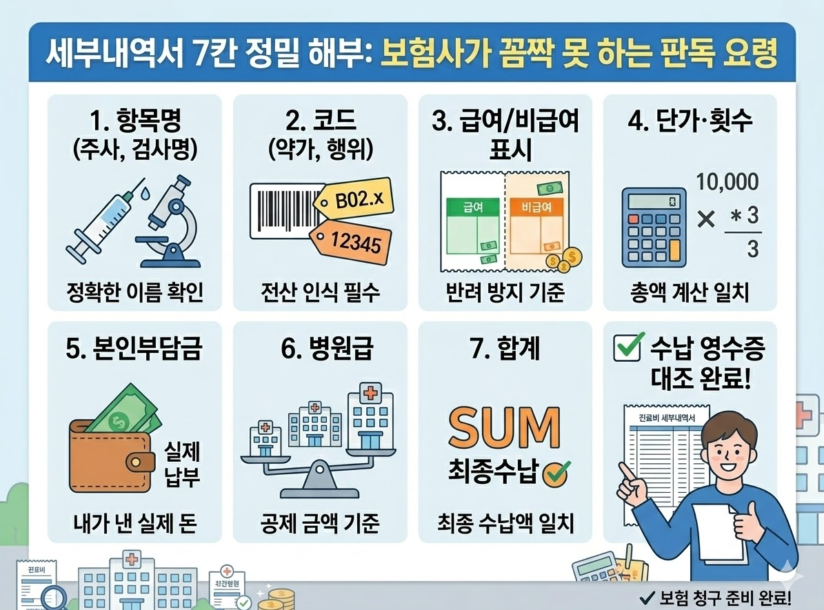병원 진료비 세부내역서 7칸 확인 방법 보험사 반려 방지 영수증 판독 가이드
