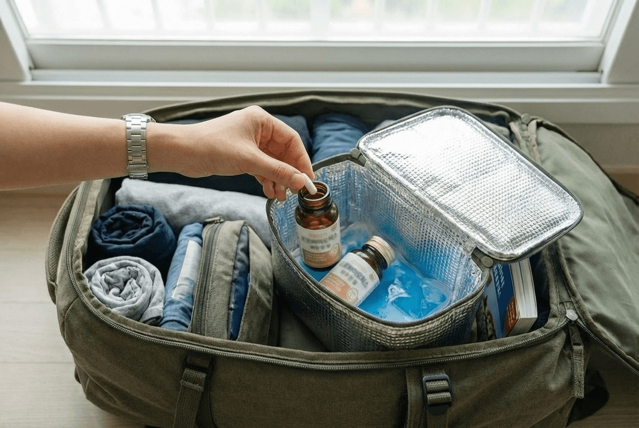 여행 가방 속 보냉백에 아이스팩과 함께 보관된 프로바이오틱스 제품