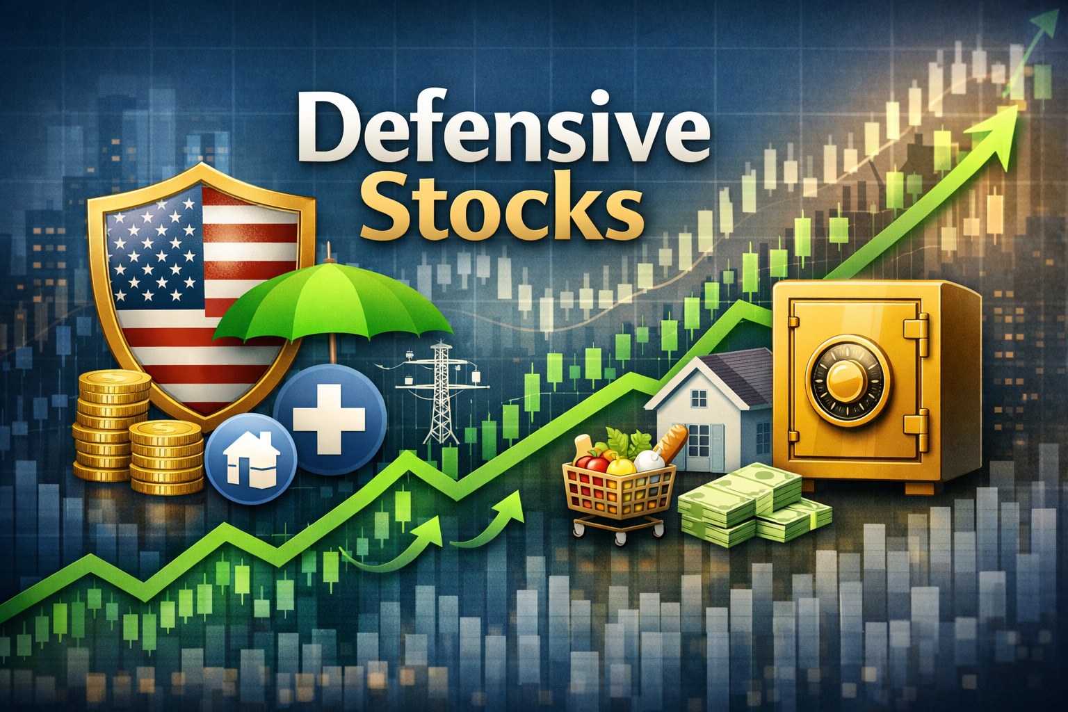 미국 방어주의 개념을 표현한 금융 아이콘과 함께 안정적인 주식 차트 이미지