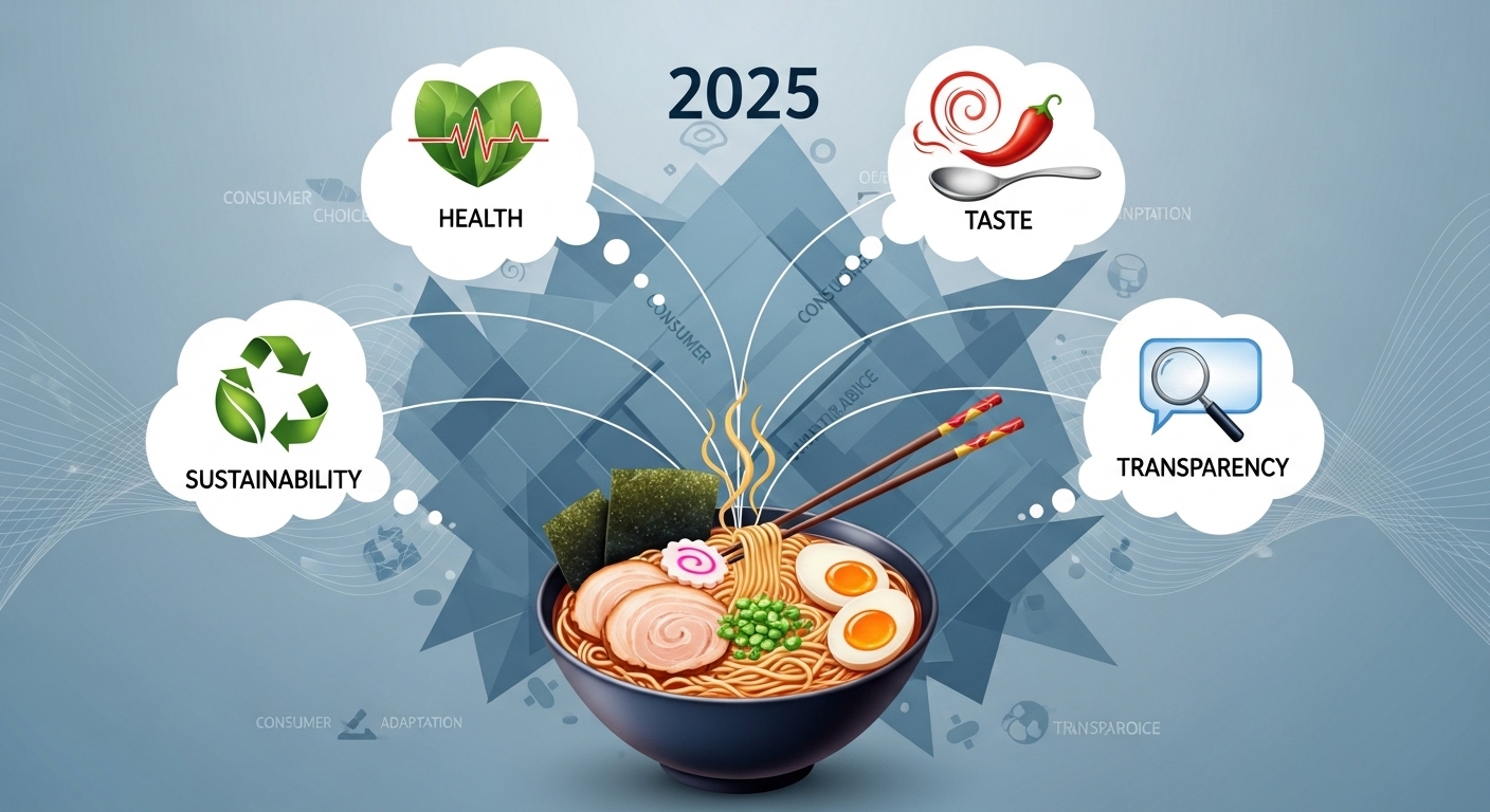 2025년 소비자들이 건강, 맛, 지속가능성, 투명성을 고려하여 라면을 선택하는 모습을 상징하는 현대적인 그래픽. 변화하는 소비 트렌드와 라면 시장의 적응을 보여줍니다.