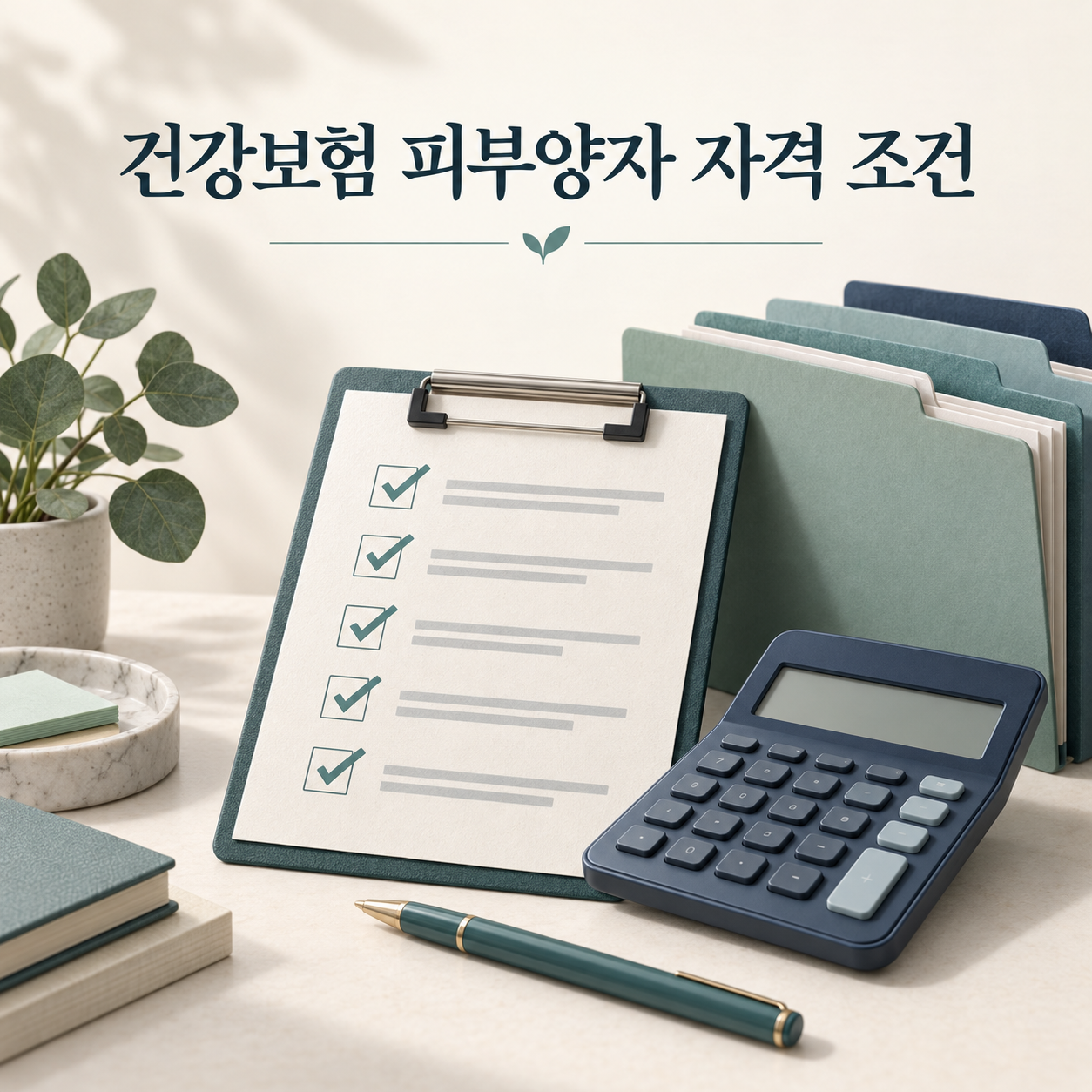 계산기와 서류로 건강보험 피부양자 요건을 확인하는 안내 이미지