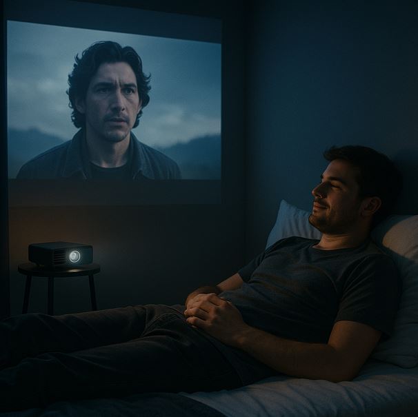 방안에서 편안하게 누워서 영화를 시청 하고 있다.