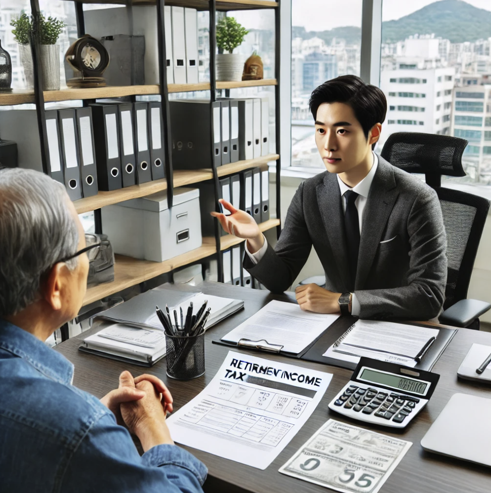 퇴직소득세 조정을 위해 금융 컨설턴트와 상담중인 장면