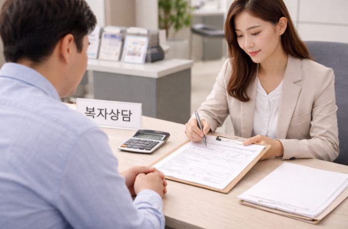 복지상담 창구에서 상담원이 신청 서류를 확인하며 민원인과 상담하는 모습