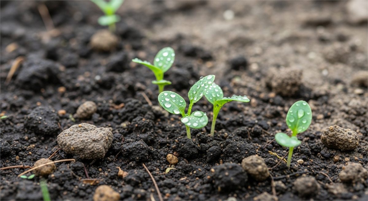 어린 봄작물 주변 흙의 촉촉한 상태를 보여주는 장면