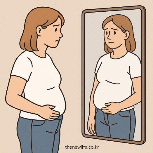 거울 앞에서 마른비만 상태의 자신의 모습을 바라보는 여성의 일러스트