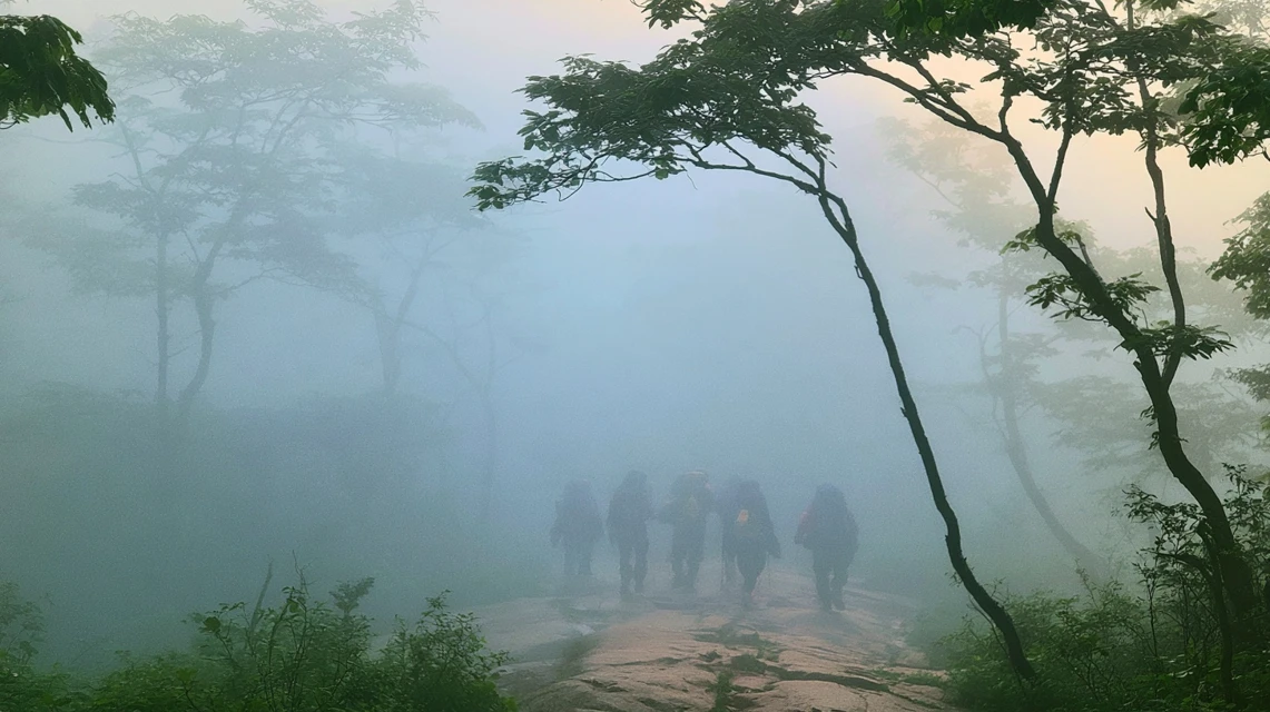 등산 중 희귀한 것을 발견하고 함께 사진을 찍는 모습