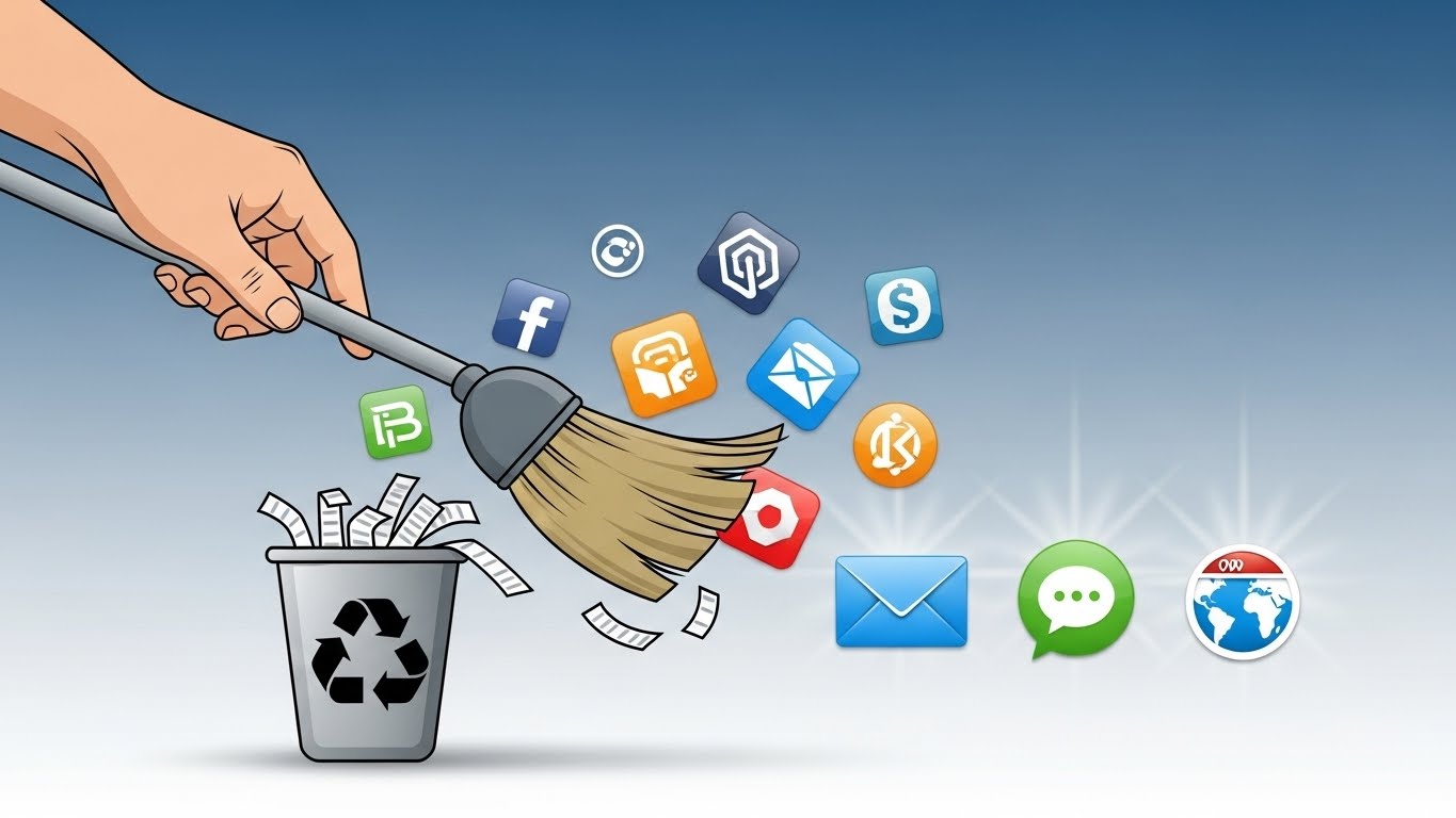 사용하지 않는 앱과 웹사이트 계정들을 삭제하여 디지털 공간을 정리하는 모습