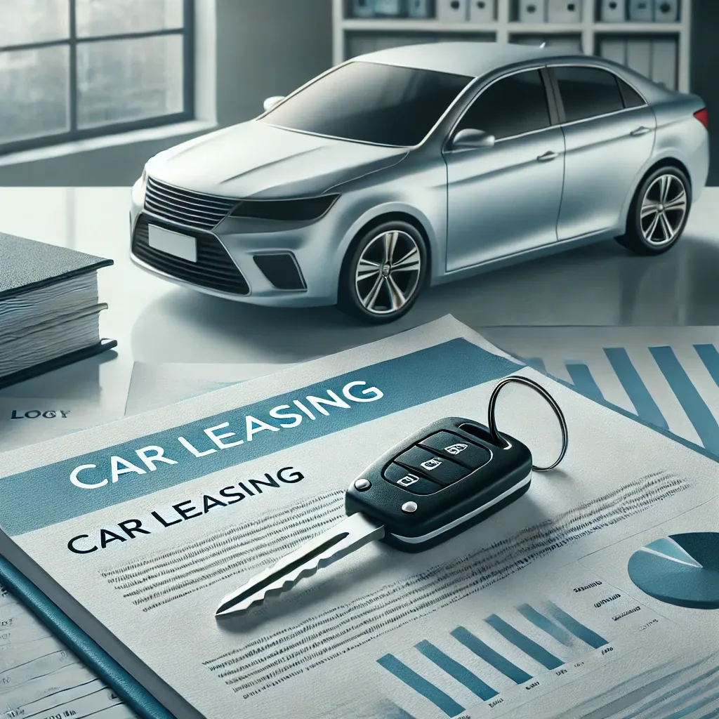 자동차 리스를 나타내는 문서와 차 키, 배경에 세련된 자동차