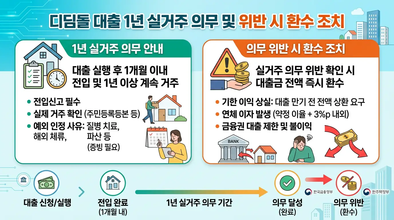 디딤돌 대출의 1년 실거주 의무 기간과 이를 어길 시 발생하는 환수 조치에 대해 설명하는 인포그래픽