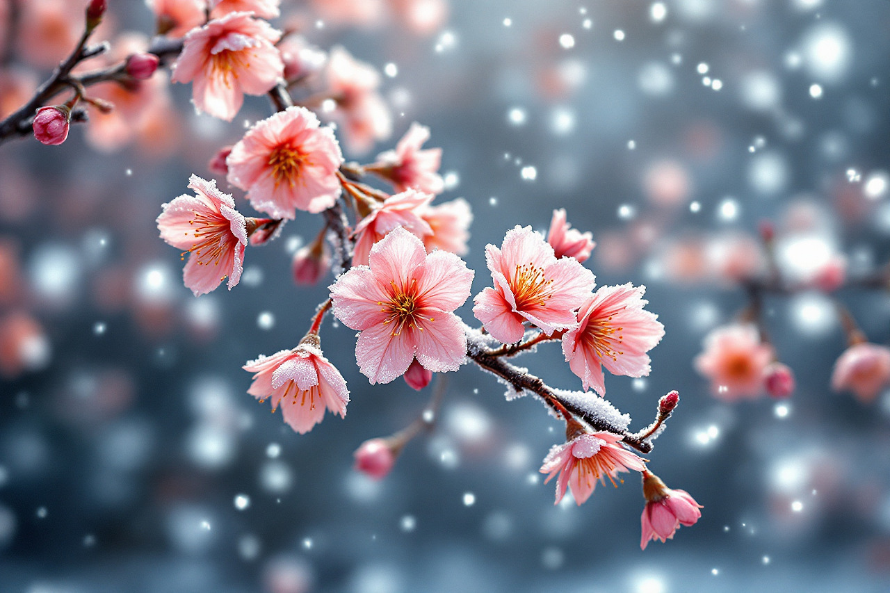 꽃이 폈는데 눈이 내리는 모습