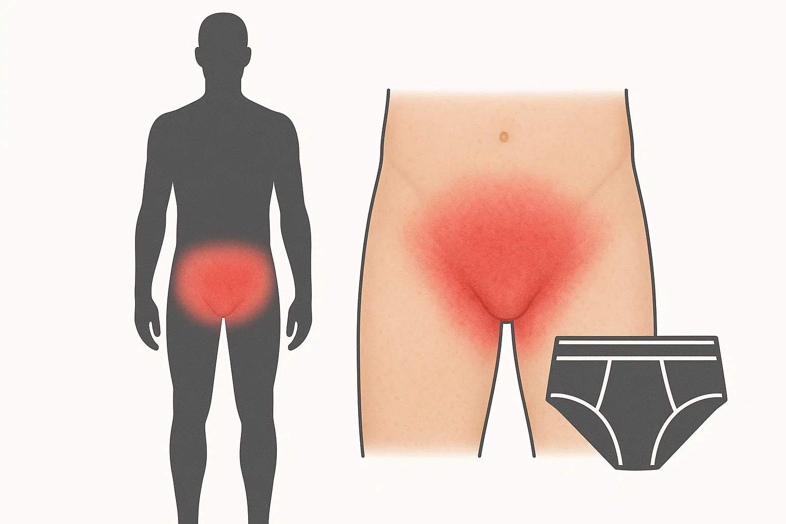 사타구니 주변 피부가 붉게 착색되고 넓게 퍼진 발진 묘사, 타이트한 속옷
