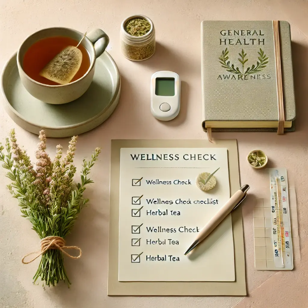 웰빙 체크리스트, 디지털 체온계, 허브차가 정돈된 스튜디오 컷