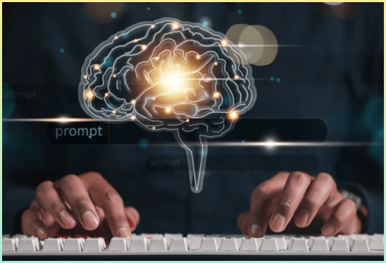 프롬프트 엔지니어링을 다루는 키보드와 손가락 두뇌 모습을 담은 사진