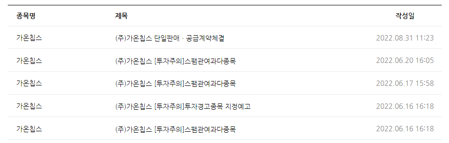 가온칩스 공시 목록