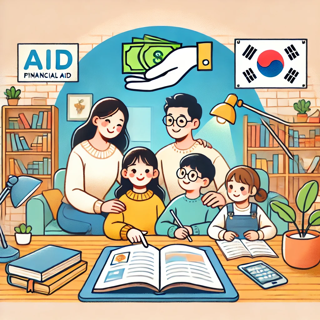 &quot;행복한 한국 가족이 집에서 공부하는 모습을 담은 삽화. 아이들은 태블릿을 활용한 온라인 교육 콘텐츠를 통해 학습하고 있으며, 배경에는 교육 지원 프로그램을 상징하는 손이 돈을 들고 있는 아이콘이 보인다. 따뜻하고 격려하는 학습 환경 속에서 책, 책상 램프, 편안한 학습 공간이 조화를 이루고 있다.&quot;