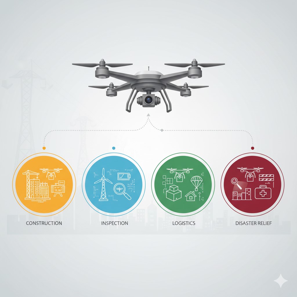 건설, 점검, 물류, 재난 등에서 산업용 드론이 활용되는 주요 사례 인포그래픽 예시