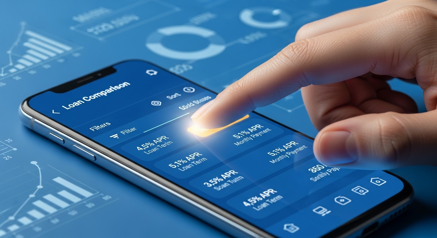 스마트폰 앱으로 여러 은행의 대출 금리를 비교하는 모습. 대환대출 플랫폼을 통한 편리한 빚테크 과정을 나타냅니다.