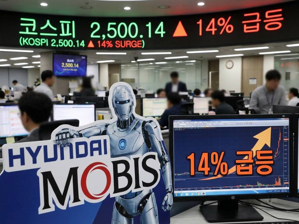 한국 주식 시장 코스피 전광판 앞에서 현대모비스 로고와 로봇 아틀라스 이미지가 합성된 장면