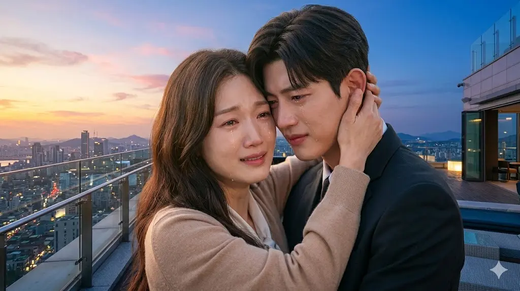 10년의 시간이 흐른 뒤 붉은 노을이 지는 옥상에서 서로를 기억해내고 눈물 흘리며 포옹하는 두 사람