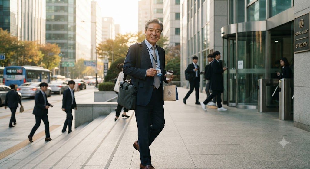 고령의 노년이 정장을 입고 회사에 출근하는 모습