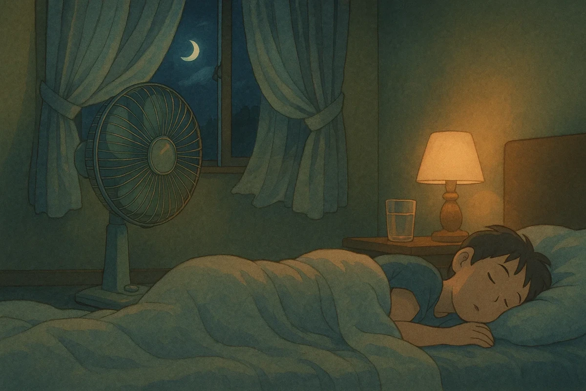 여름밤 침실에서 선풍기를 사용하는 모습 - 선풍기 바람 두통 원인과 숙면 환경 조성을 위한 올바른 사용법 가이드