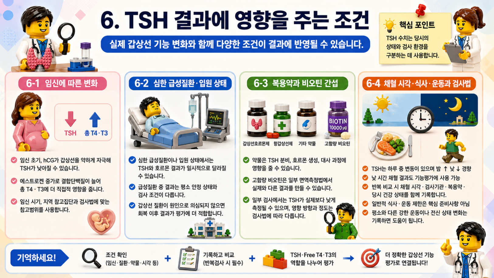 임신, 급성질환, 약물, 비오틴, 채혈 시각 등 TSH 결과에 영향을 주는 조건을 설명하는 레고 스타일 메디컬 인포그래픽