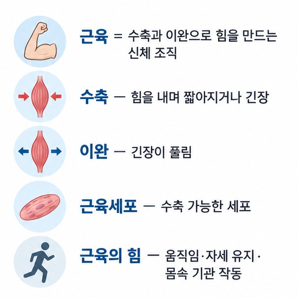 근육의 수축 이완 근육세포 근육의 힘을 쉬운 설명과 함께 정리한 표