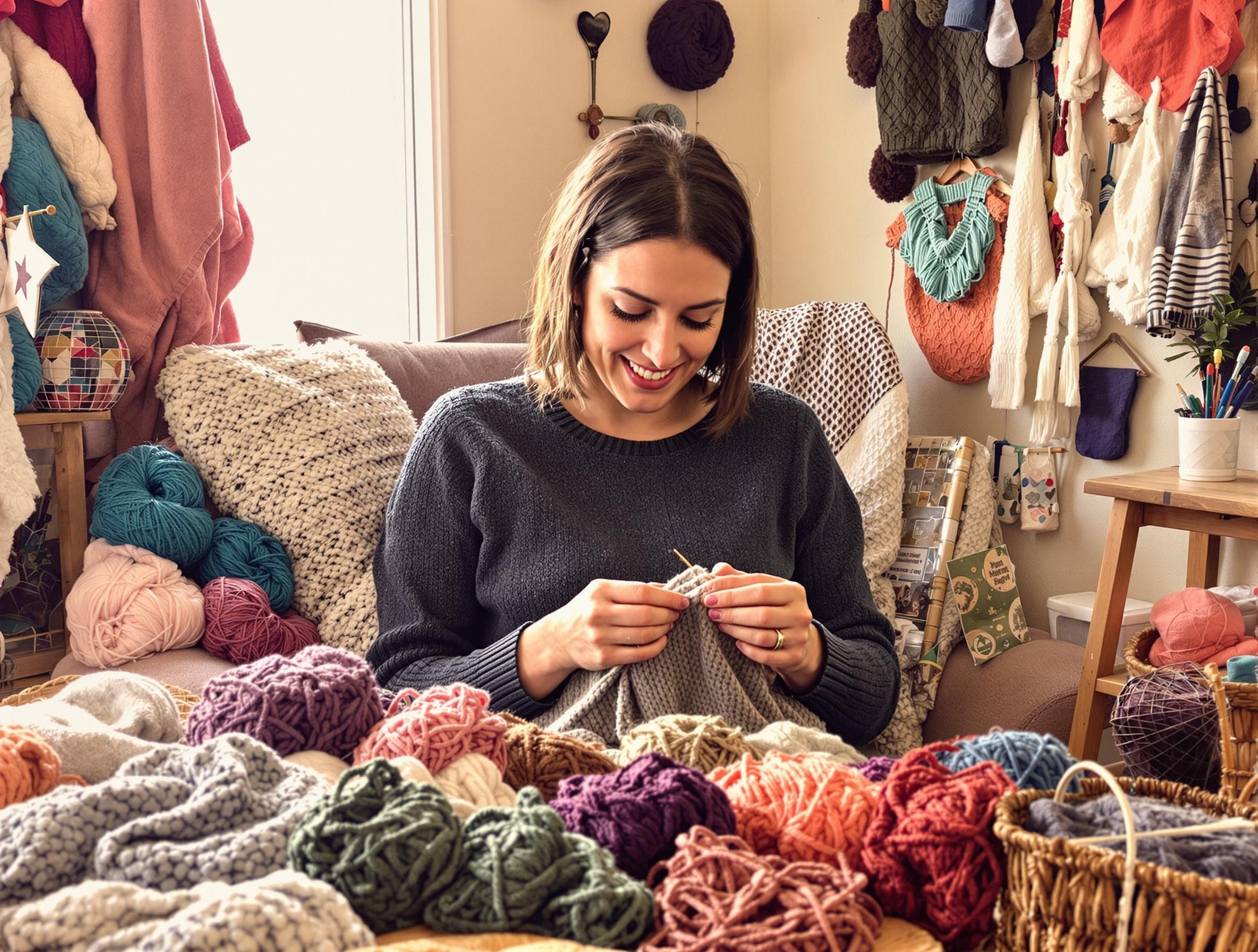 여자가 뜨개질을 하고 있는 모습
