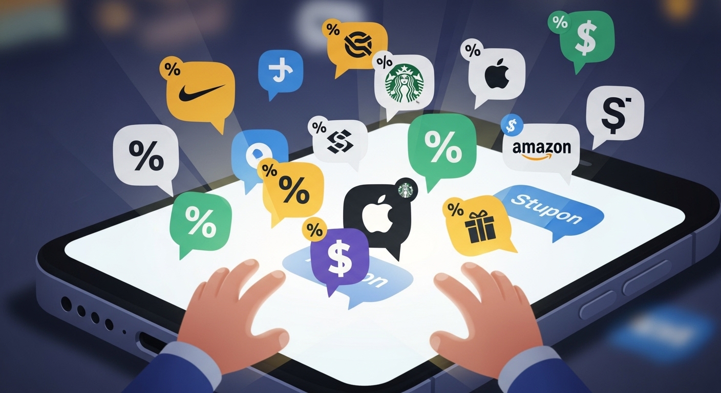 카카오톡 화면에 여러 브랜드 로고와 할인 쿠폰이 담긴 대화창이 보이고, 손들이 쿠폰을 잡으려는 모습.