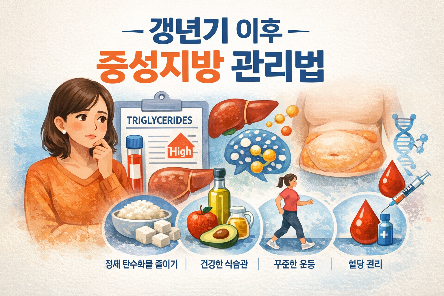 갱년기 이후 중성지방 관리 방법을 설명하는 이미지로, 정제 탄수화물 줄이기, 건강한 식단, 운동, 혈당 관리 요소가 포함된 건강 정보 일러스트