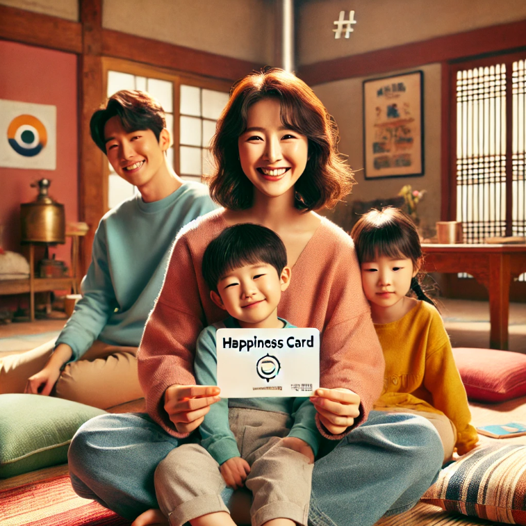 가족이 국민행복카드를 들고 웃고 있는 모습
