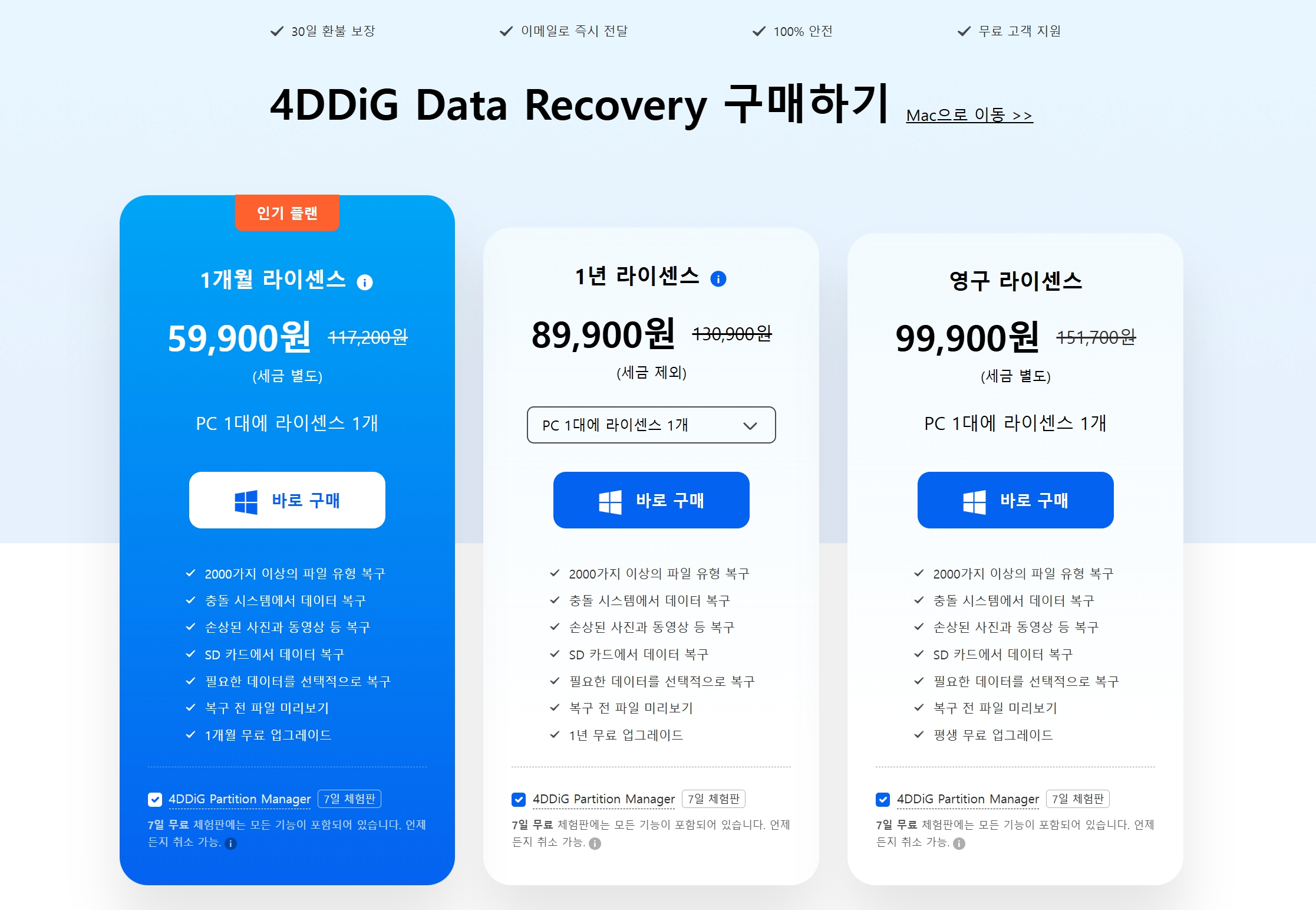 4DDiG Data Recovery Windows 가격 1개월 1년 영구 라이선스 비교