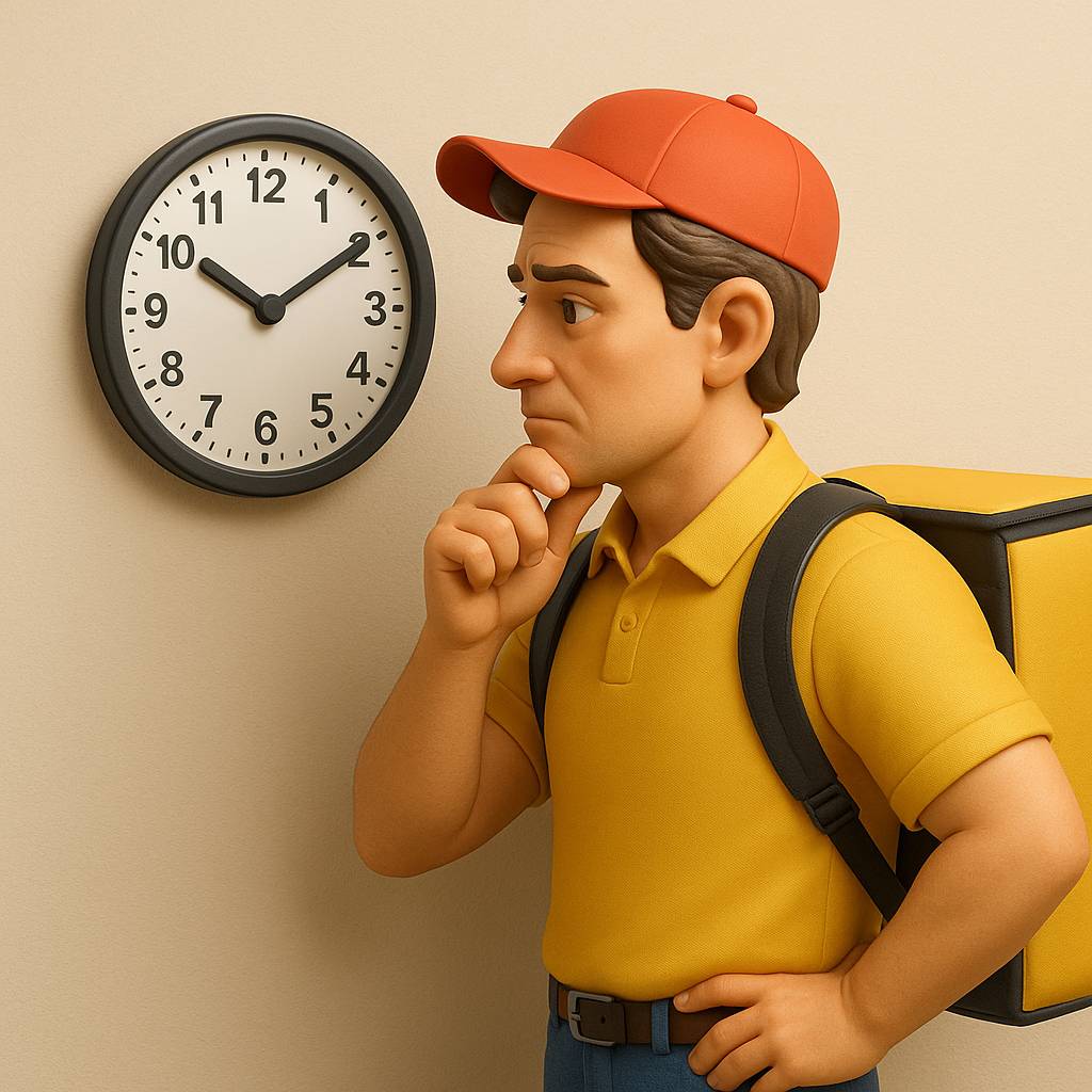 근로자가 벽에 걸린 시계를 바라보며 근무시간을 체크하는 3D 일러스트. 법정 근로시간과 휴게시간의 중요성을 시각적으로 표현함.