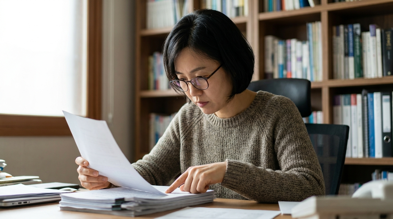 책상에서 서류 검토하는 직장 여성