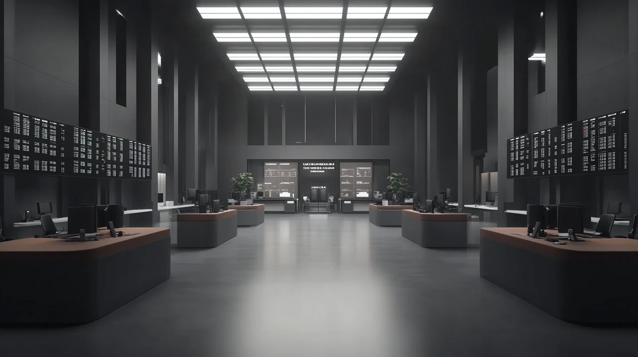 2025년 추천 미국 ETF의 테마 및 섹터 투자 전략에 관한 시각 가이드. 혁신적인 거래 공간에서 현대적인 조명과 함께 미래 지향적인 요소로 매력적으로 표현됨